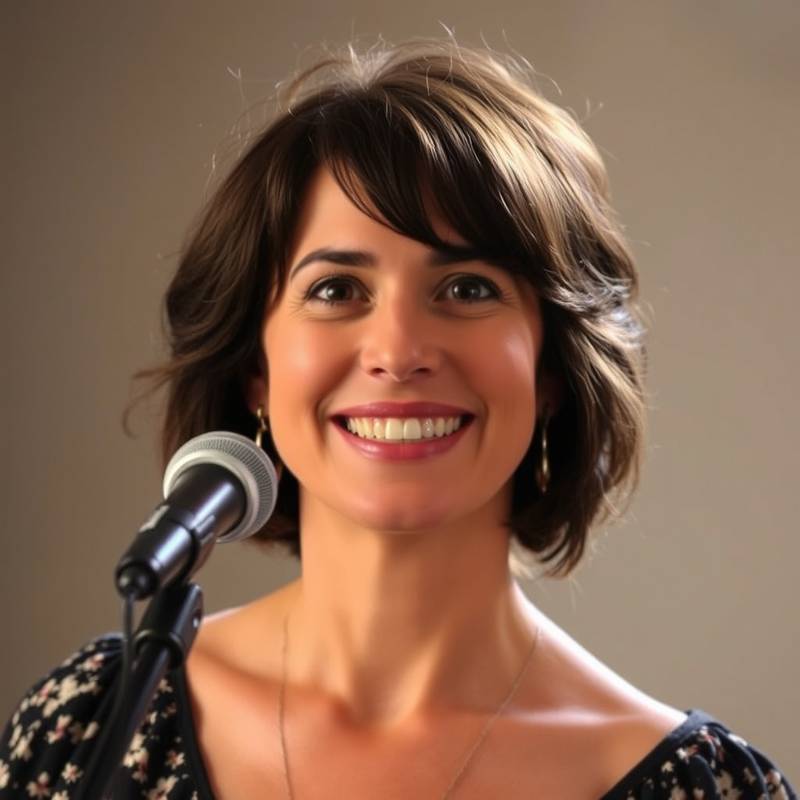 Retrato de Maria Silva, cantora e compositora, sorrindo.
